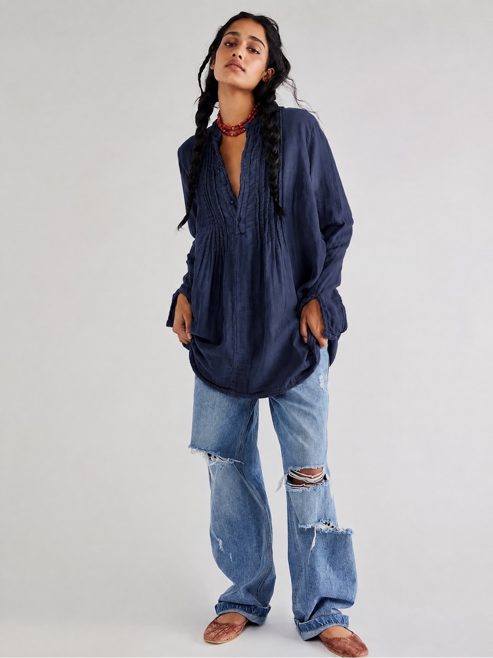 Free People CP Shades Bohemian Gauze Yoko Tunic Top Dress Dark Navy Small